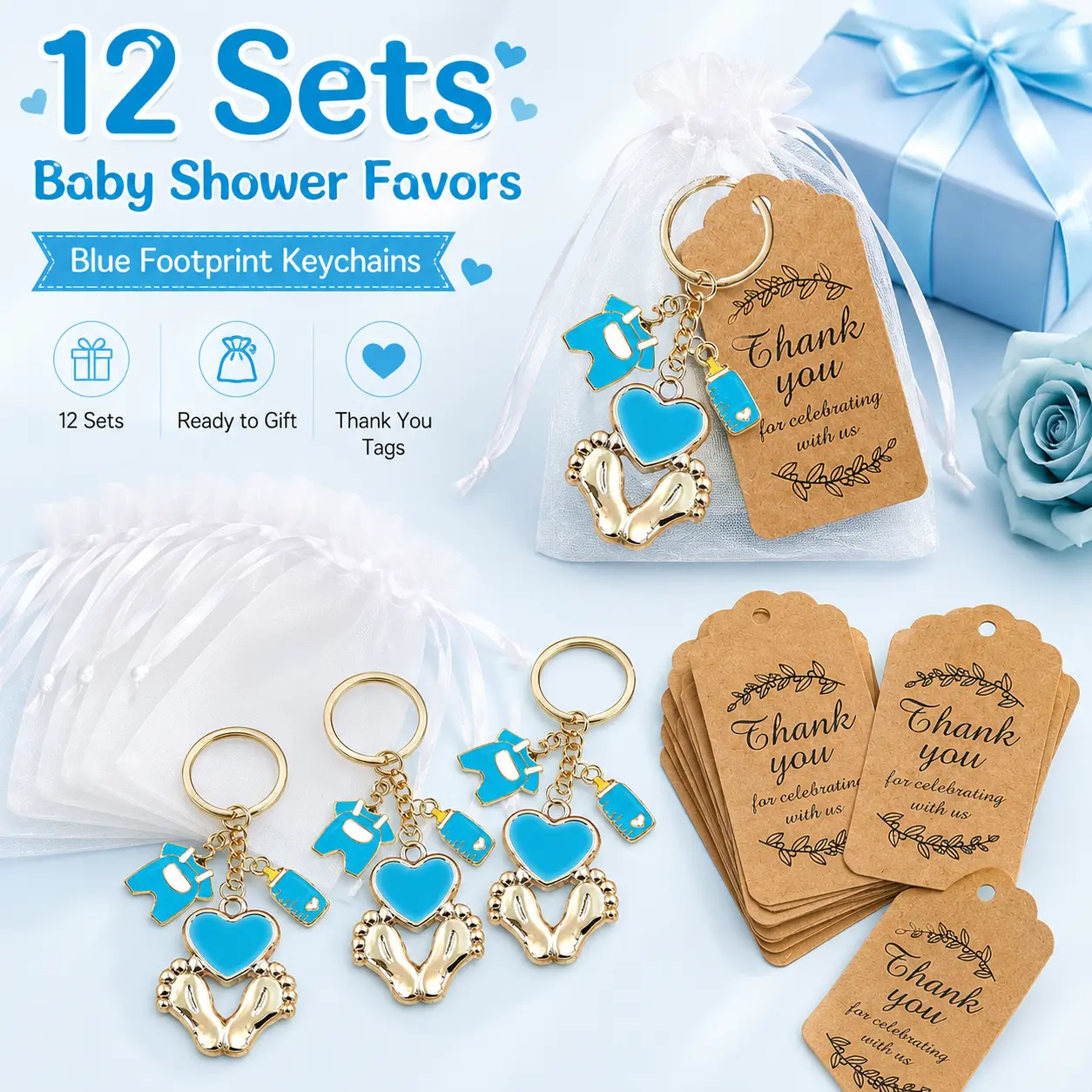 12 Sets Baby Shower Favors for Boy Blue Footprint Keychains Gifts with Bottle Baby Clothes White Organza Bags and Thank You Tags for It's a Boy Decorations Party Supplies