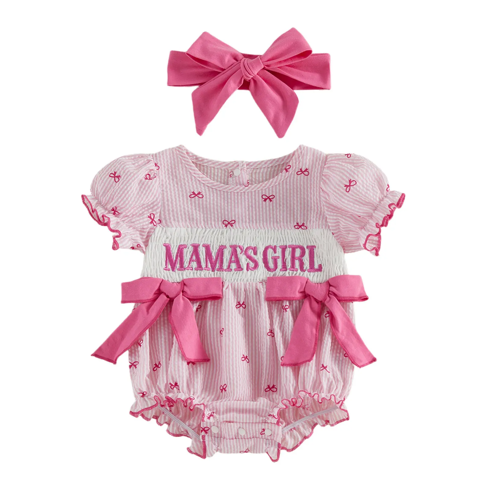 FOCUSNORM Baby Girl Summer Clothes Newborn Mamas/Daddys Girl Smocked Romper Bubble Onesie Cute Baby Outfit