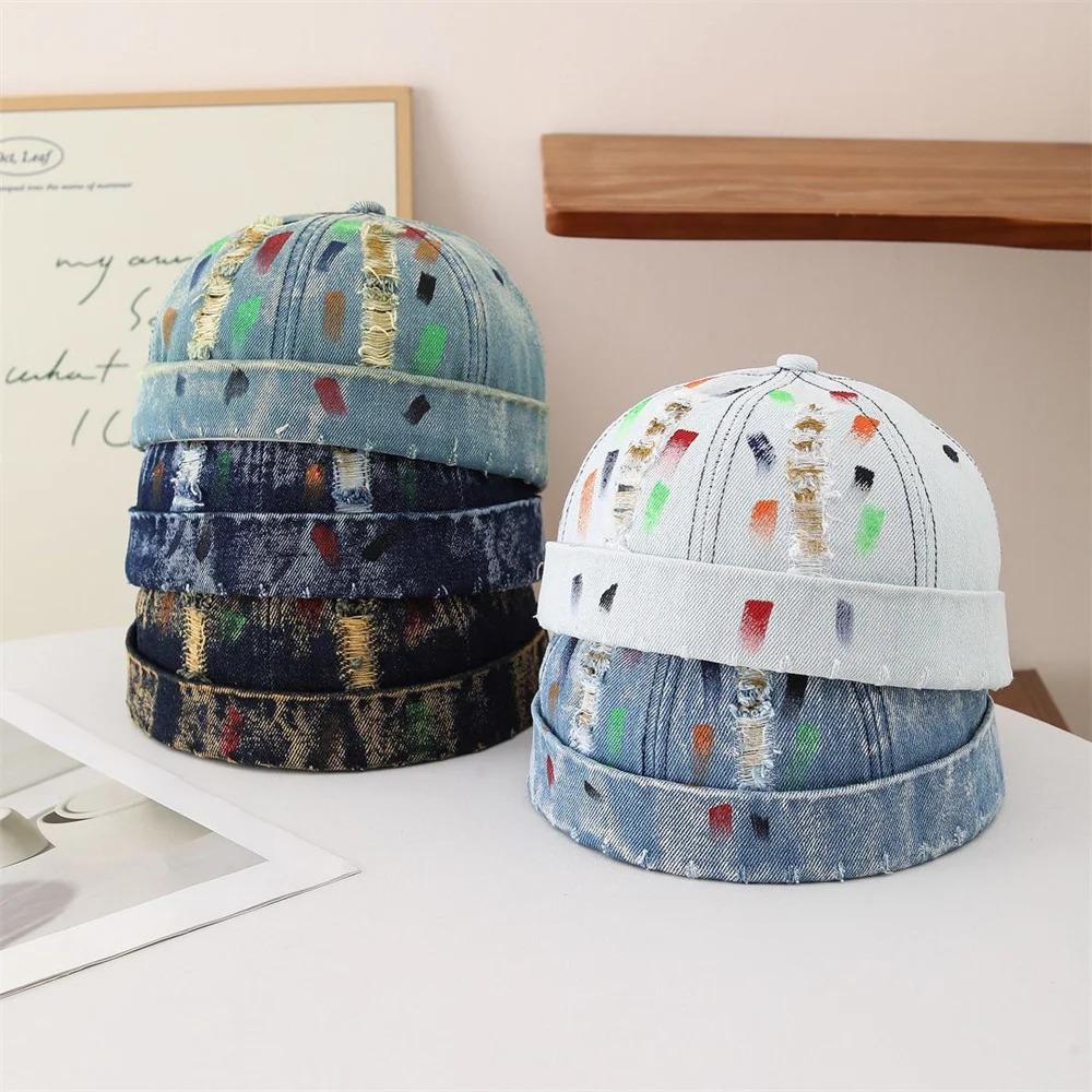 Vintage Distressed Denim Docker Cap for Men Women Retro Washed Miki Hat with Colorful Graffiti Print Streetwear Brimless Beanie