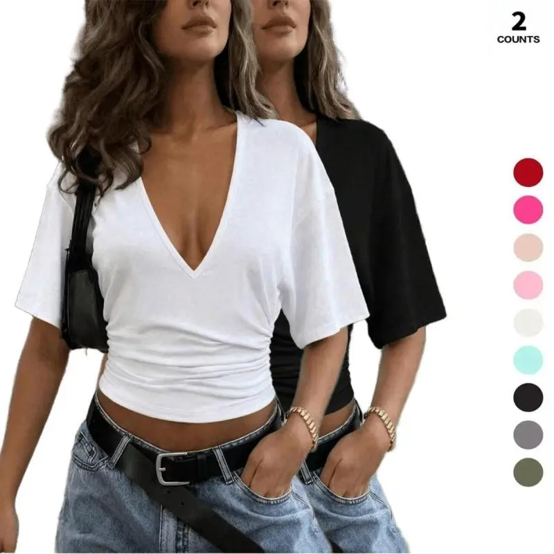 ASANDY Women Deep V Neck Short Sleeve Crop T Shirt Side Ruched Loose Fit Soft Breathable Fabric Summer Street Outdoor Daily Going Out Casual Top 2026 New Arrival, Streetwear, Feminine, Lady, Basic, Style, Tee, Tops For Women, Cropped, Cotton, Street Wear,