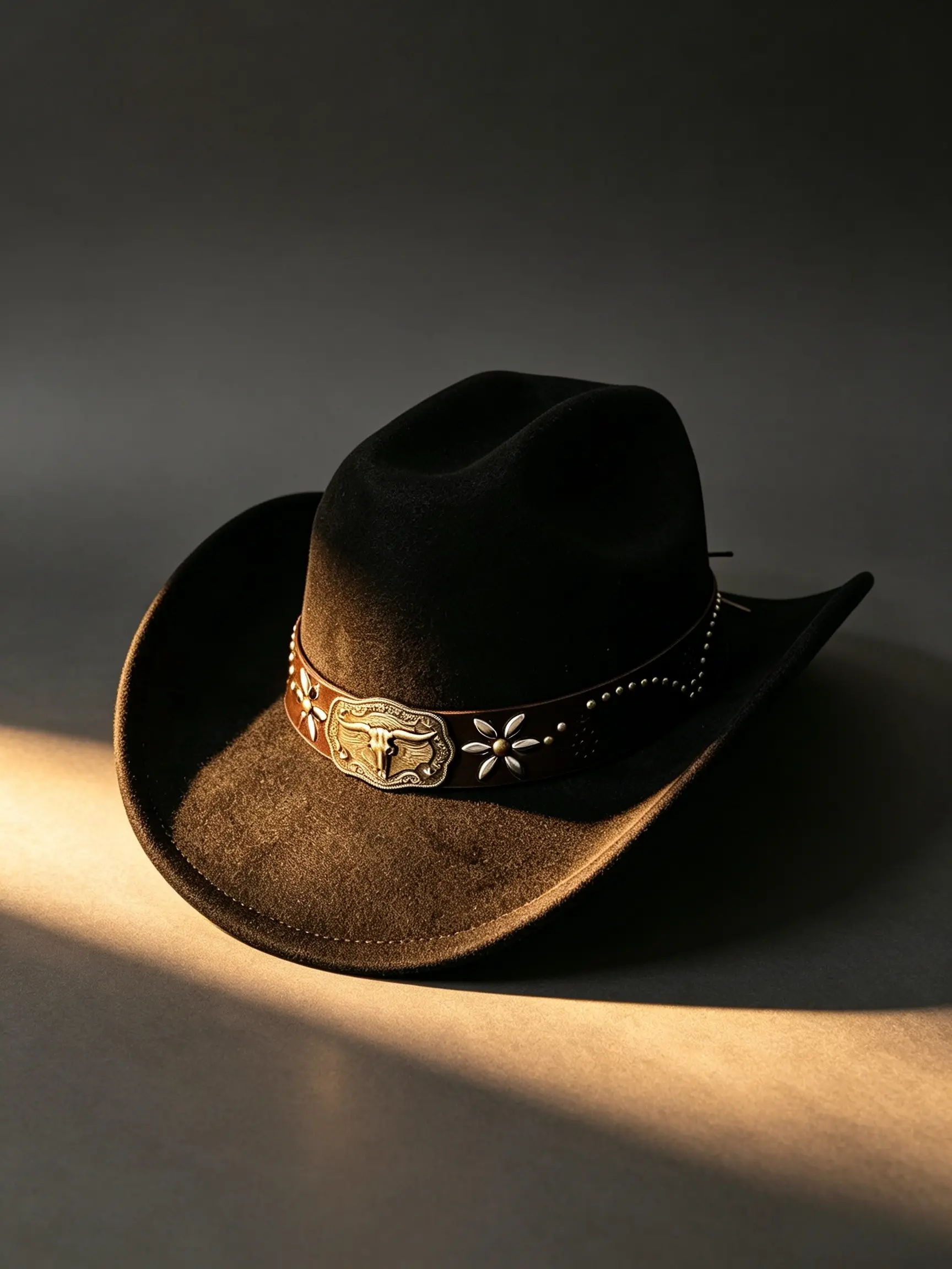 Wool Western Cowboy Hat, Antique Brass Long Horn Bull Head Rivet Flower Trim, American Vintage Country Music Wide Brim Hat, Parties, Events, Themed
