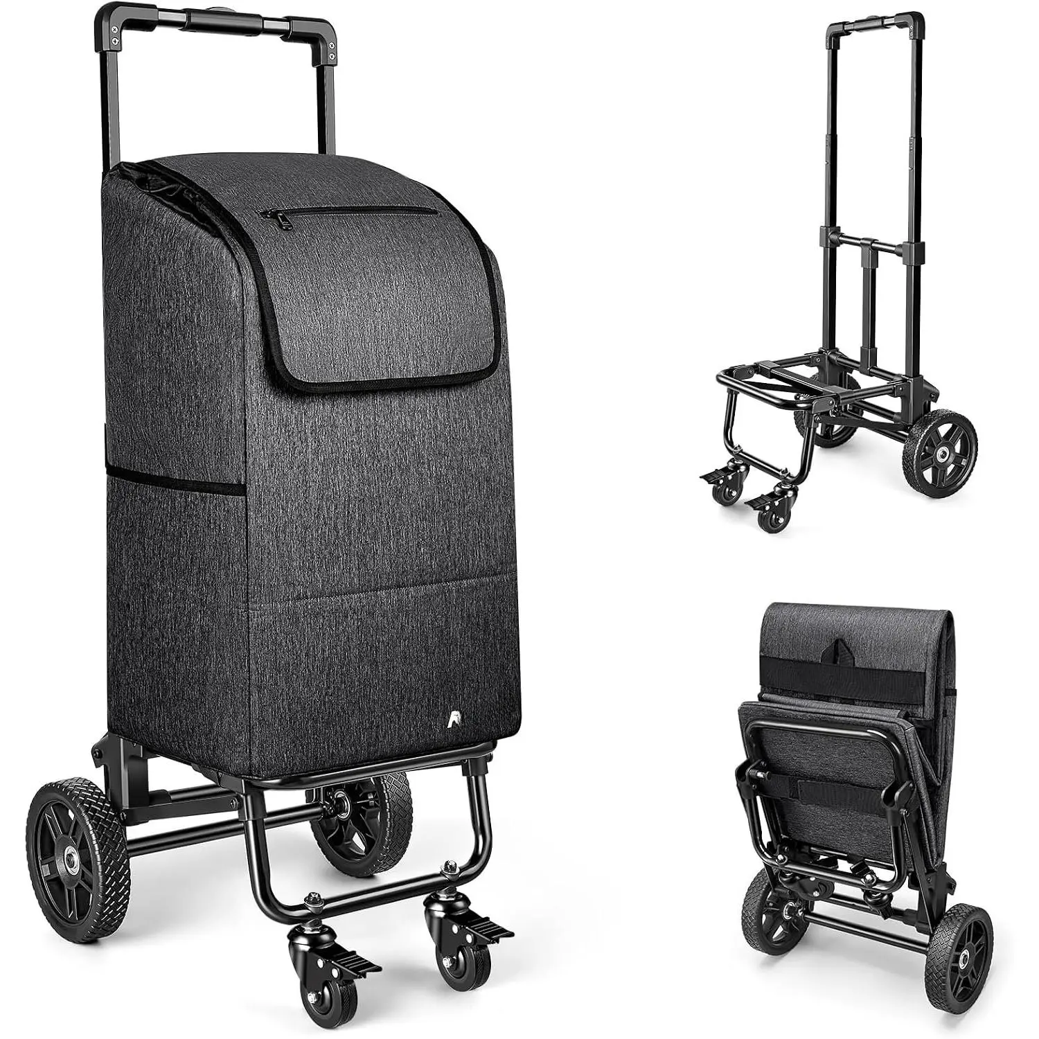 3 in 1 Shopping Cart with Wheels, 60L/250LBS Multi Use Grocery Cart with 7" Big Wheels & Removable  Bag, Personal Shopping Carts for Groceries, Telescoping Handle & Thickened Steel