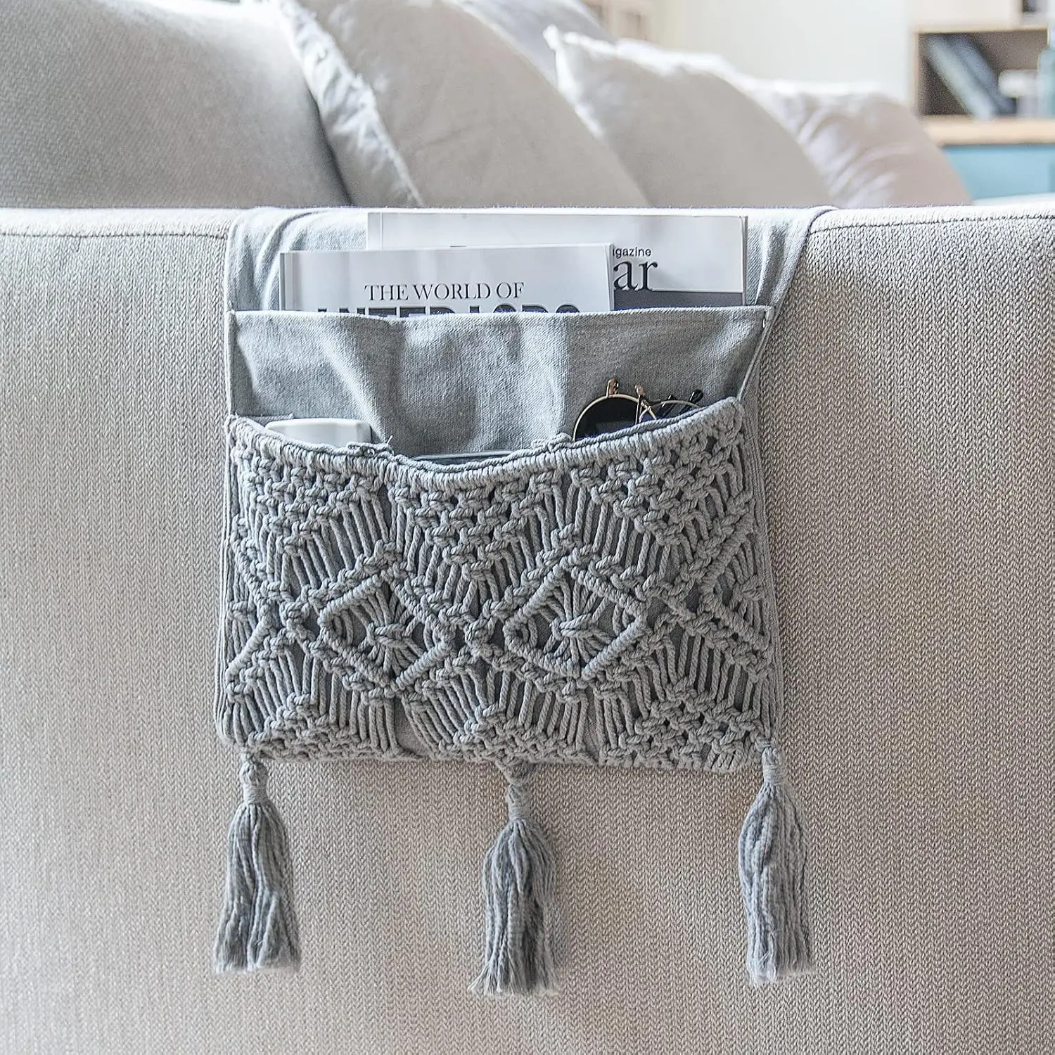 Macrame Couch Organizer Remote Control Caddy Sofa Armrest Armchair Bedside Storage Holder Bag for TV Remote, Magazine, Books, Cell Phone, iPad, Boho Living Room Home Dorm Decor, Grey