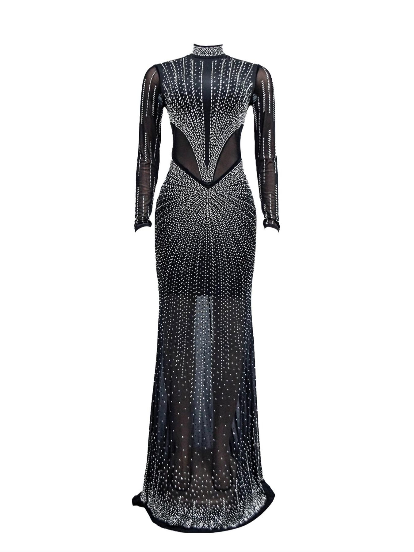 Women's Rhinestone Decor Contrast Mesh Sheer Bodycon Dress, Elegant Long Sleeve Stand Collar Maxi Dress, Elegant Evening Gown, Formal Dresses for Party Club Dating Formal Wear, Ladies Clothes for All Seasons