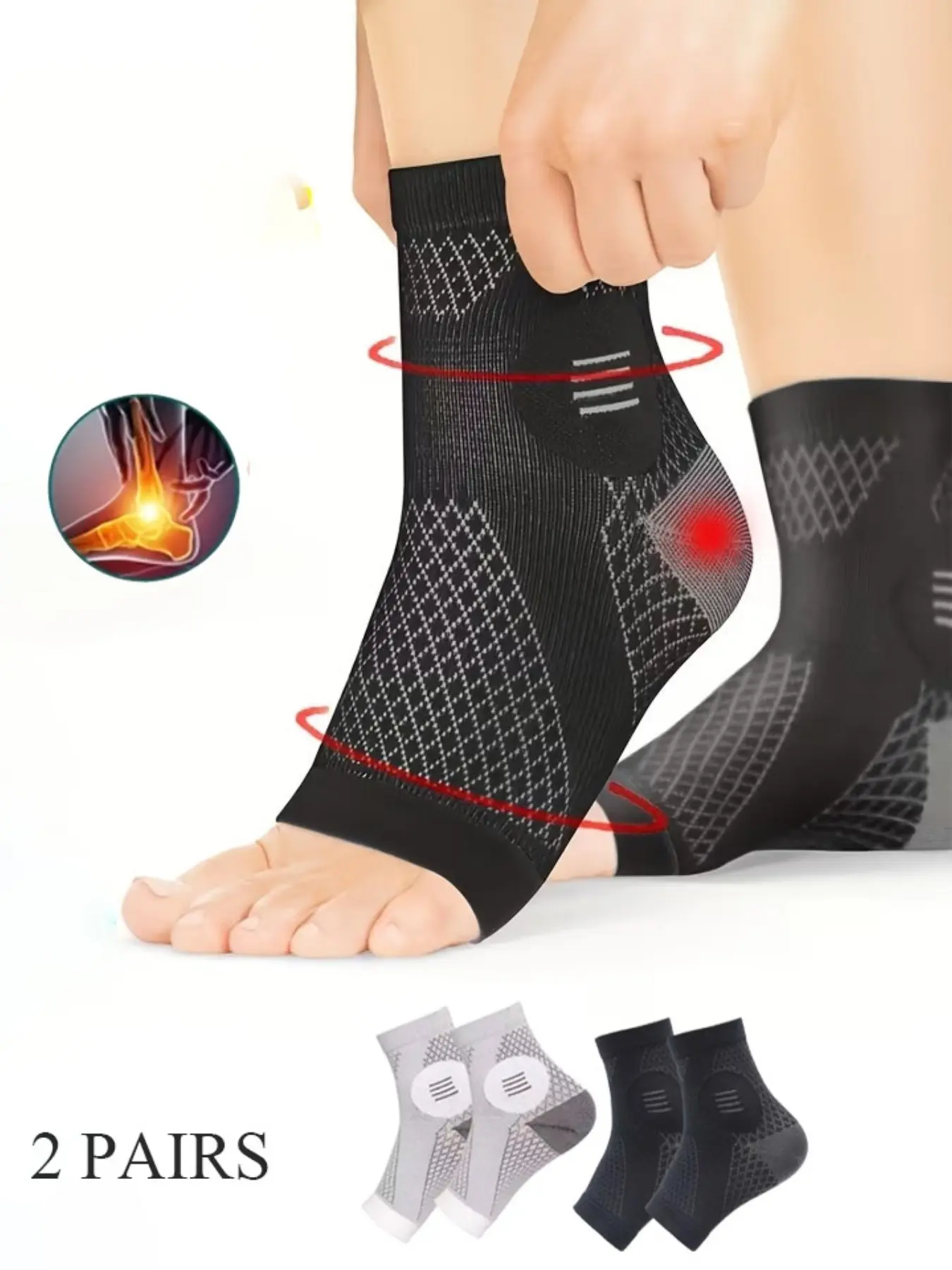 2 Pairs Ankle Support Socks, Unisex and, Arch and Ankle Compression, Open-Toe Design, Elastic Foot Orthotics, Breathable, All Seasons