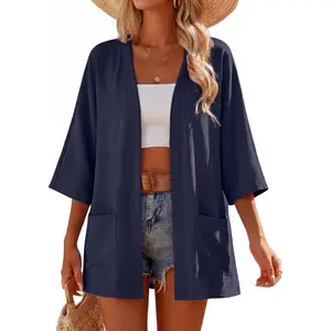 Wardrobe of a beautiful girl   Lepunuo Summer Cardigans for Women Lightweight Open Front 3/4 Sleeve Kimono Cardigans with Pockets Loose Vacation Cover Up