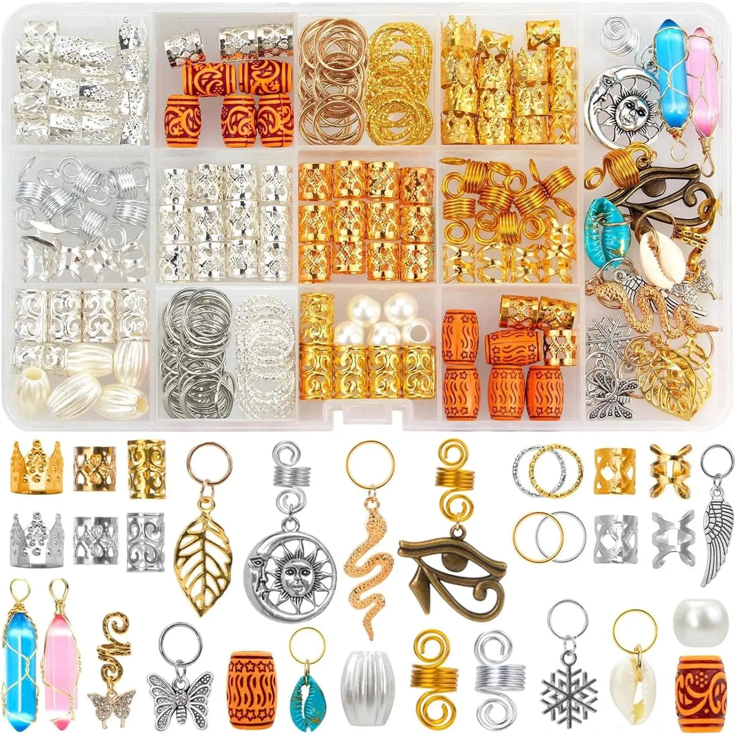 200 count Hair Beads , Dreadlock  for Hair Braids, Hair Accessories   Hair Charms, Metal Hair Coils Rings,  and  Hair Pendants, Braid Cuffs, Clips