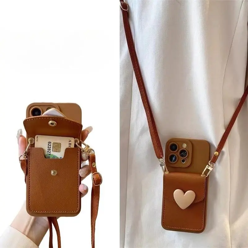 Cute Style Mobile Accessories Crossbody Strap Lanyard Necklace, 3D Love Heart Card Holder Phone Case for iPhone 11 12 13 14 Plus 15 Pro Max 16 17 XR, Dainty Phone Straps & Charms