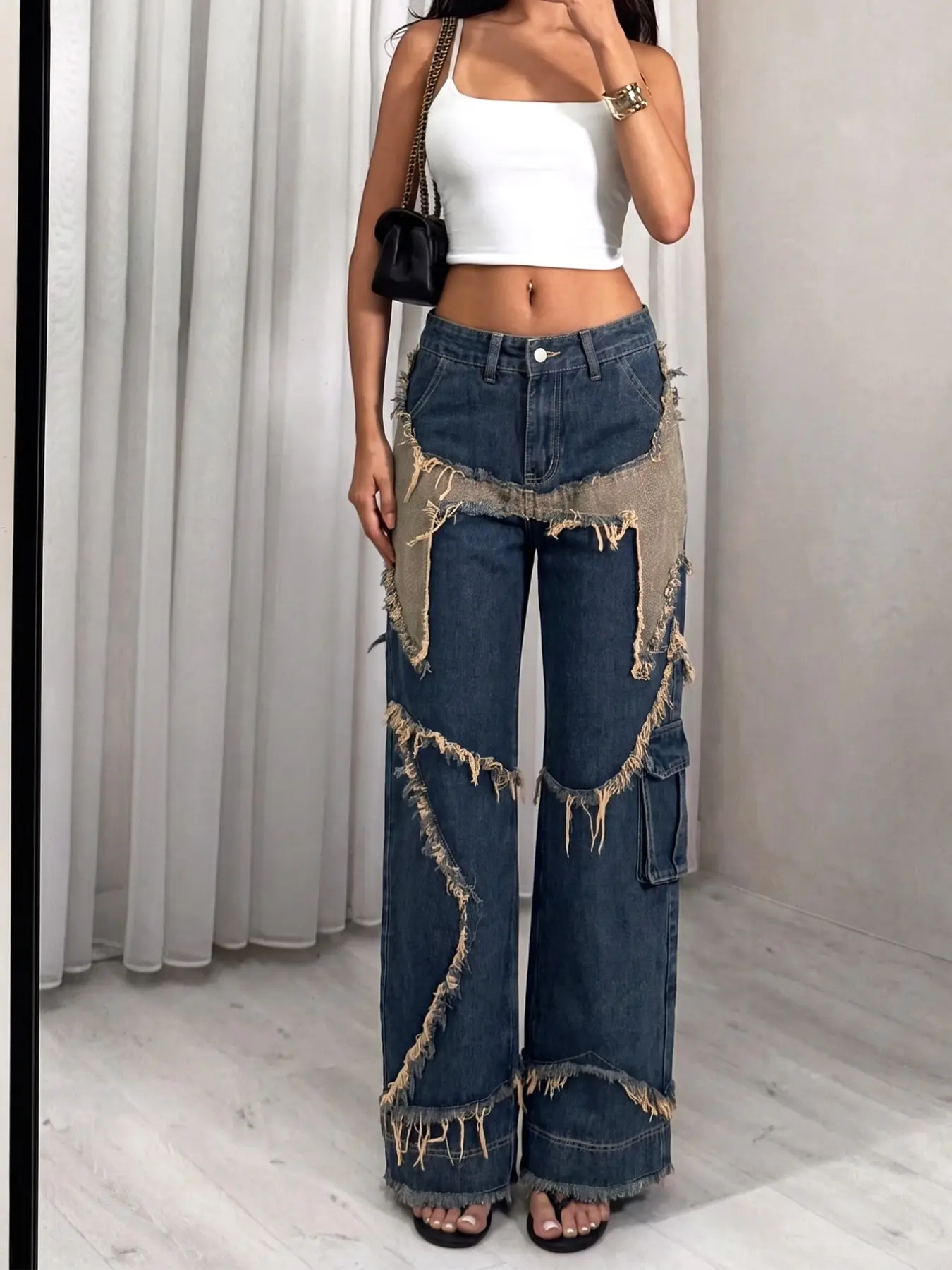 Women's Star Patchwork Loose Fit Denim Jeans, Punk Rock Style, Casual Long Pants, Perfect for Parties and Daily Wear, Available in 2 Colors