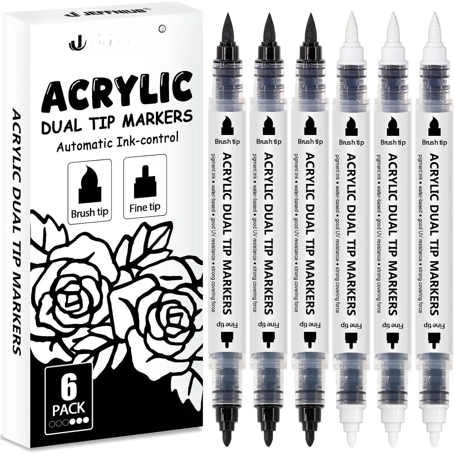 White Black   Markers  Tip 6 Set, Automatic Ink-Control Fine Tip and Brush Tip,   Pen For Rock Painting, Metal, Glass, , Fabric, Porcelain, Ceramic