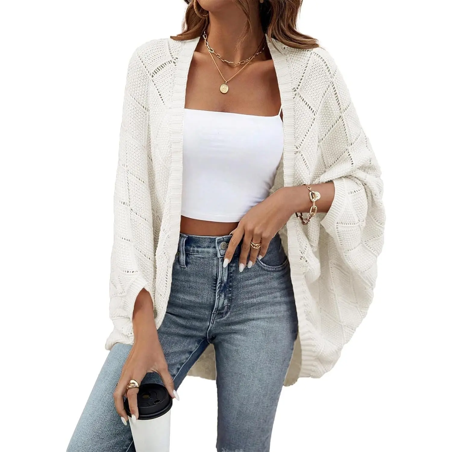 Women's Crochet Oversized Cardigan Sweater Hollow Out Long Batwing Sleeve Lightweight Summer ShrugGift