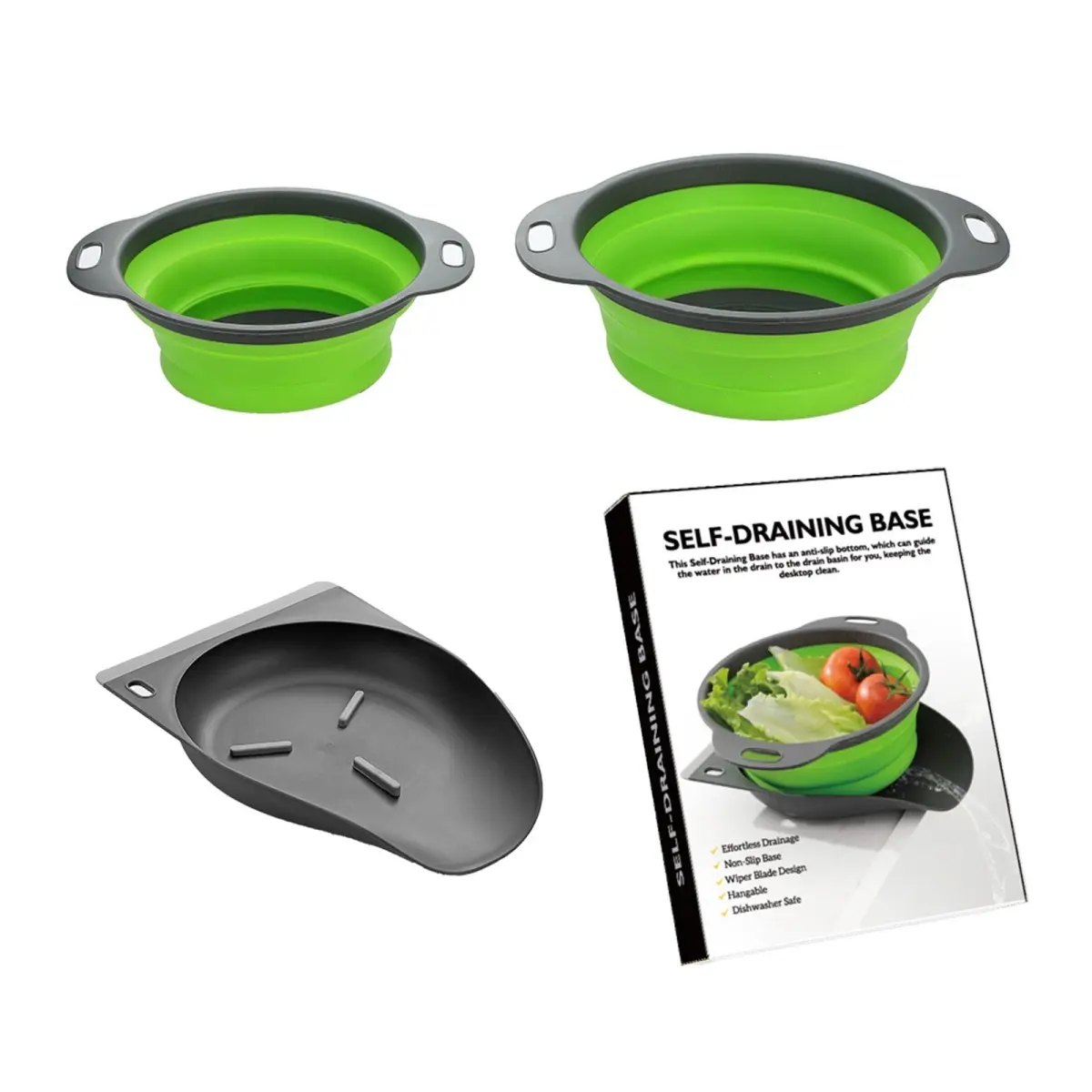 2-Pack Collapsible Colander with Self-Draining Base, Silicone Kitchen Strainer Set with Water Drainage Tray for Pasta, Veggies, Fruits, Space-Saving RV Supplies, Strainers and Colanders