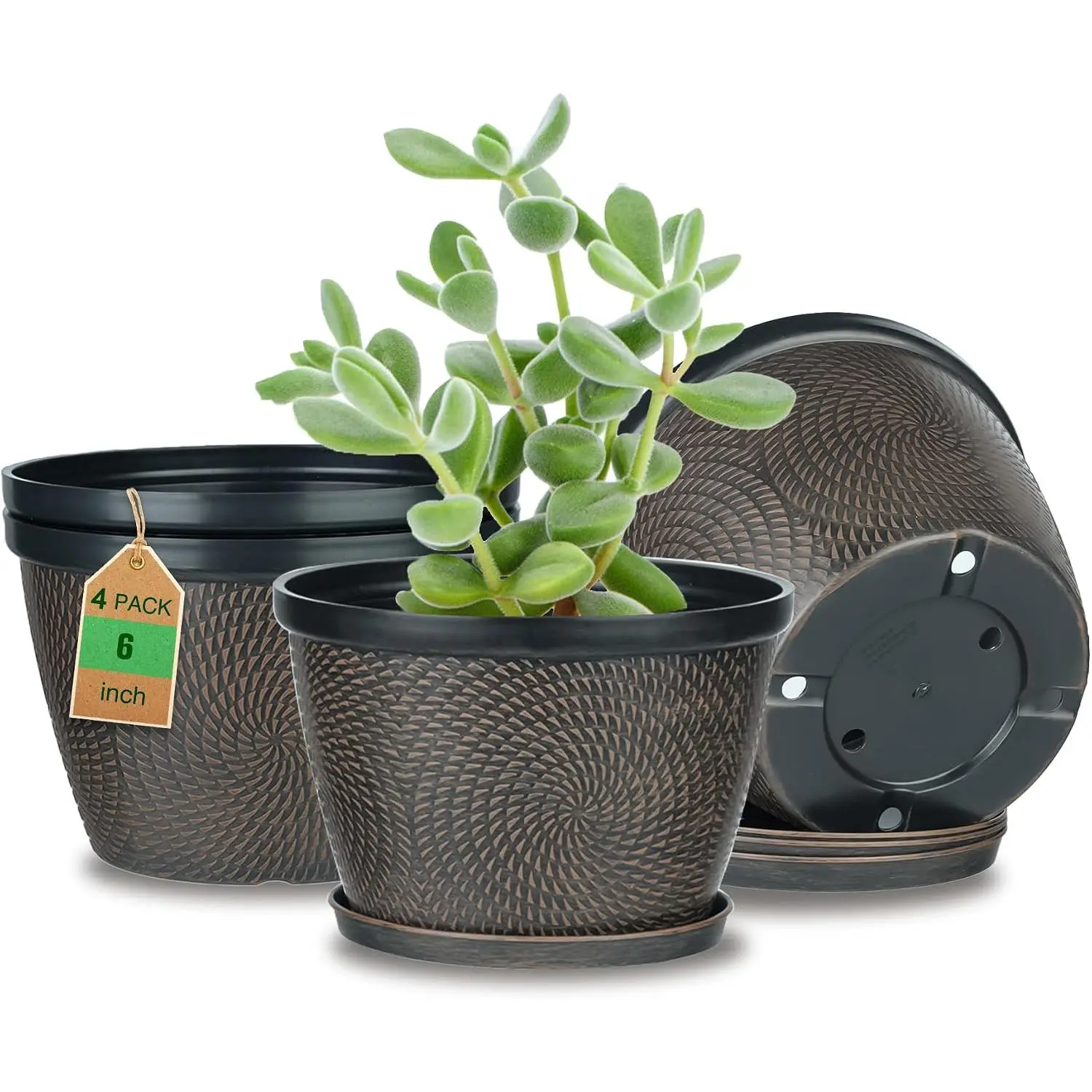 4 Pack 6 Inch Flower Pots for Outdoor Indoor, Plastic  Pots with Drainage Hole & , Lightweight Small Flower Pot, Circle  Planters for Garden House planters(Brown)