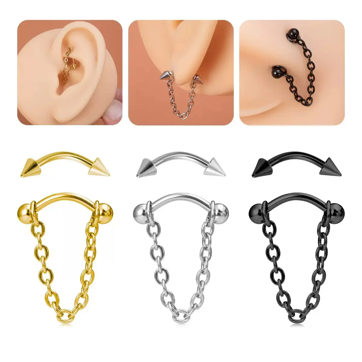 Edgy Metallic Eyebrow Ring with Spike and Chain, Unisex Spike Curved Barbell, Body-Safe Surgical Steel Piercing Jewelry, Stainless Steel Jewelry, Chain Detail, Simple, Steel Color