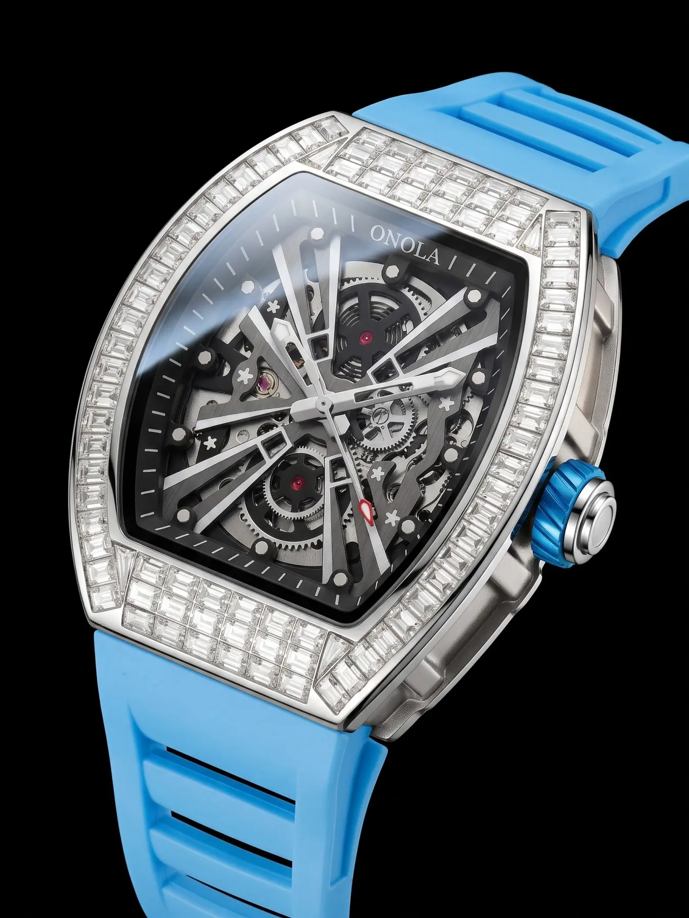 ONOLA Men Automatic Mechanical Watch, Fashion Luxury Business Automatic Wristwatch, diamond-set barrel skeleton dial, skin-friendly silicone strap, luxury casual mechanical wristwatch for daily business occasions