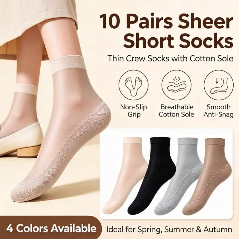 10 Pack Women 30D Nylon Mid Calf Sheer Socks, Anti-Run Snag Resistant Thin Transparent Ankle Hosiery, Cotton Sole Sweat Wicking Non Slip Short Stockings for Spring Summer Autumn, 4 Neutral Skin Tone Colors One Size, Fits, Bottom