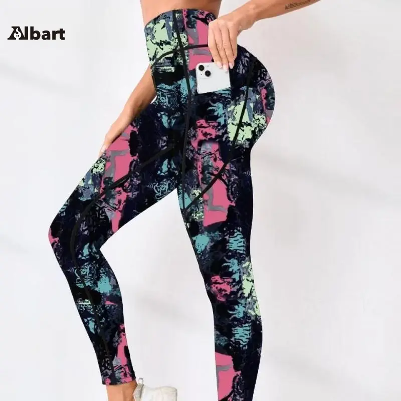 Women Multi Pattern Tie Dye Print High Waist Scrunch Butt Leggings, Built-In Side Phone Pockets Stretch Booty Lifting Yoga Pants, Printed Athletic Leggings For Gym Workout, Running, Fitness Training And Daily Street Casual Outfits