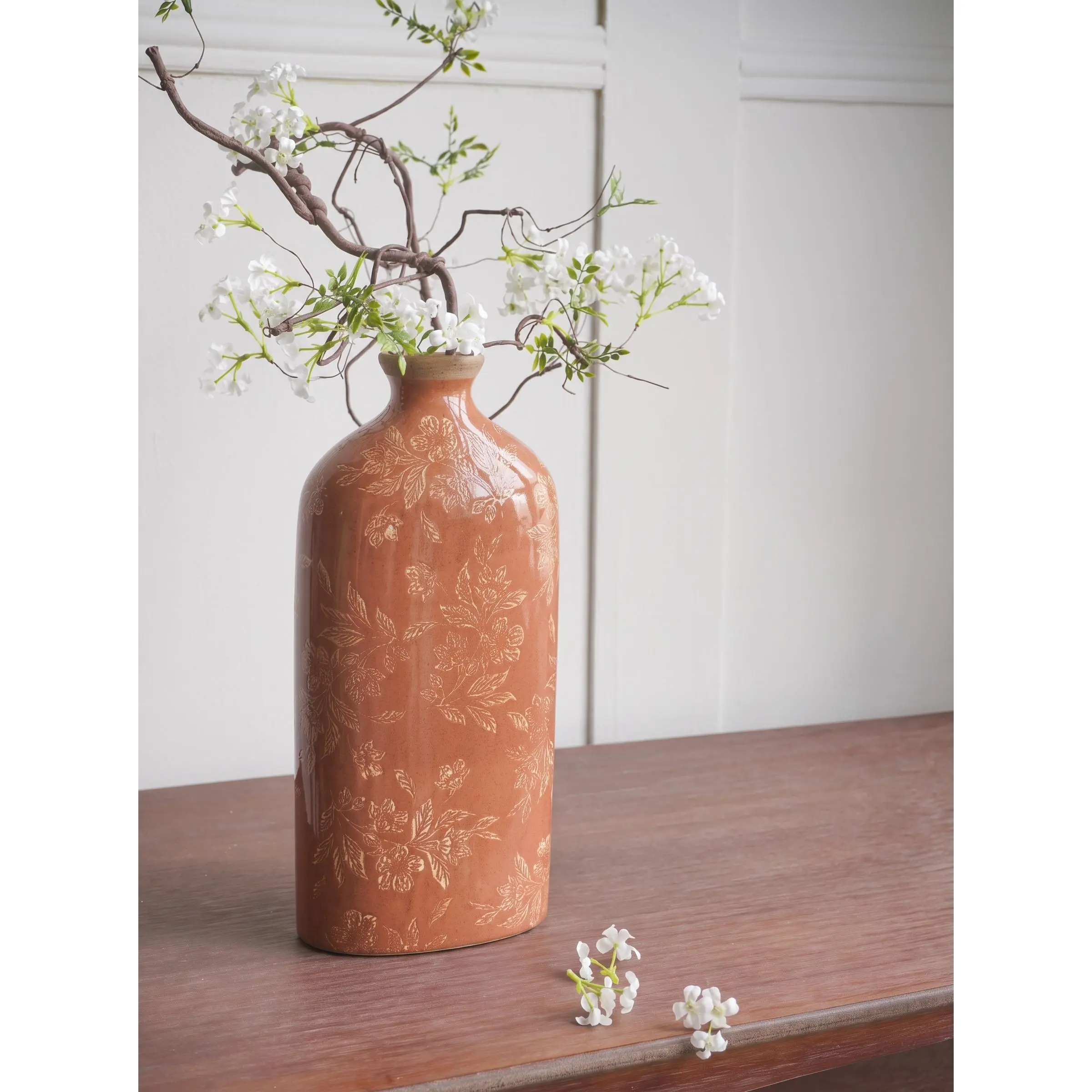 ARCH Red Ceramic Accent Vase 6.7x3.7x14.4 Inches Tall Cylindrical Floral Motif Vase for Farmhouse Bohemian Eclectic Modern Decor Tabletop Mantel Dresser Sideboard Centerpiece Home Decoration, Red Color Options, Ceramic Material, Product Dimensions: