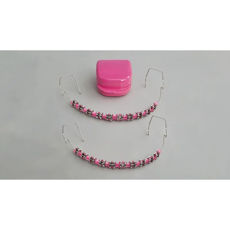 2-Piece Fake Braces Set, Reusable Temporary Tooth Jewelry with Metal Brackets, Wires and Orthodontic Bands, Simulation Teeth Decoration for Dental Teaching Demonstration and Student Practice (Pink)