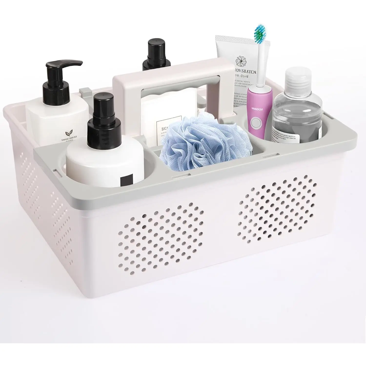 Portable Shower Caddy Dorm: Features handles and adjustable compartments，Ventilation and Drainage Hole Design Cleaning Basket，ideal for toiletries， Essential for college dorms-white