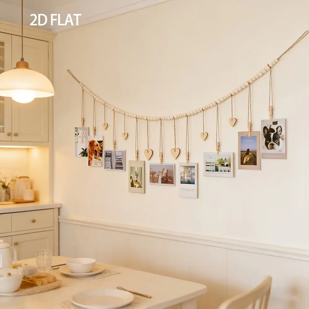 2D Plane, Creative home decor - A Bohemian-style photo display rack for hanging photos, perfect for decorating the living room, bedroom. Features white wooden beads, clips, and heart-shaped tags, making it great for wall art