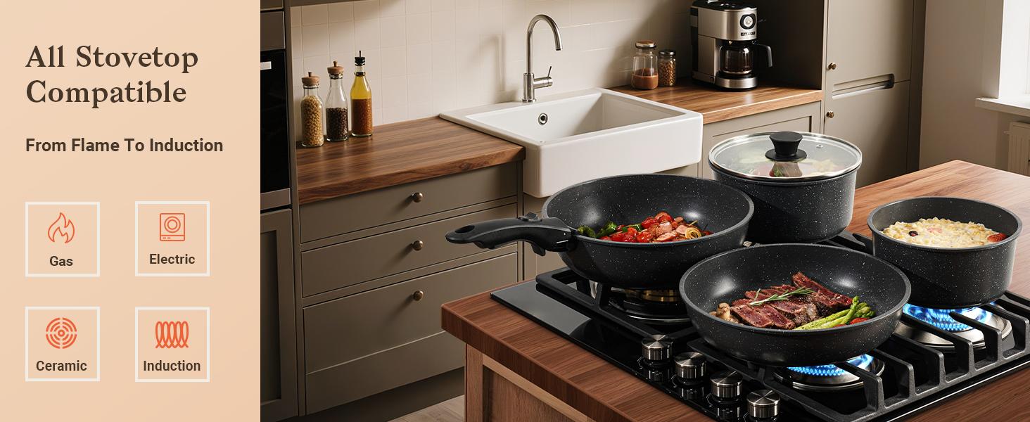 15Pcs Pots and Pans Set Non Stick, Cookware Sets with Detachable Handle, Nonstick RV Kitchen Cooking Tools Removable Handles, Oven Safe, Induction Fast, Stackable Induction Cookware,Black