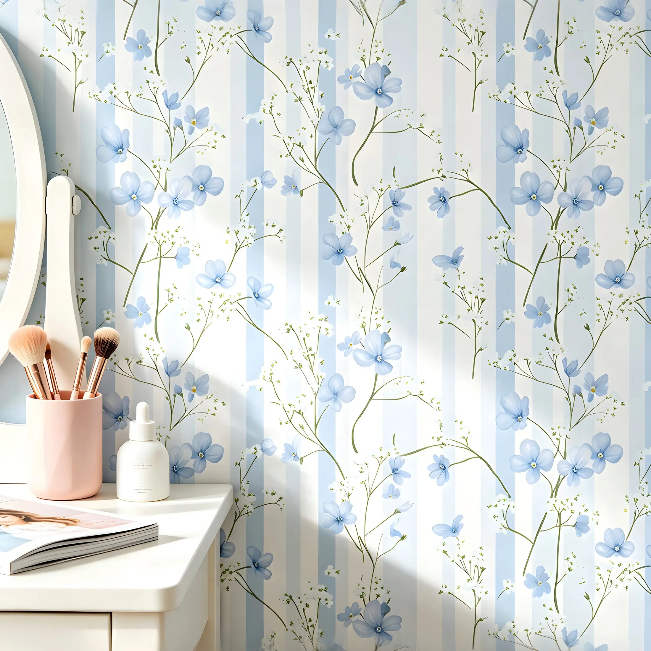 Blue Flower Branch Self-Adhesive Wallpaper, Linen Texture Waterproof Moisture-Proof, Seamless Base, 44.5cm Wide, Home Decor