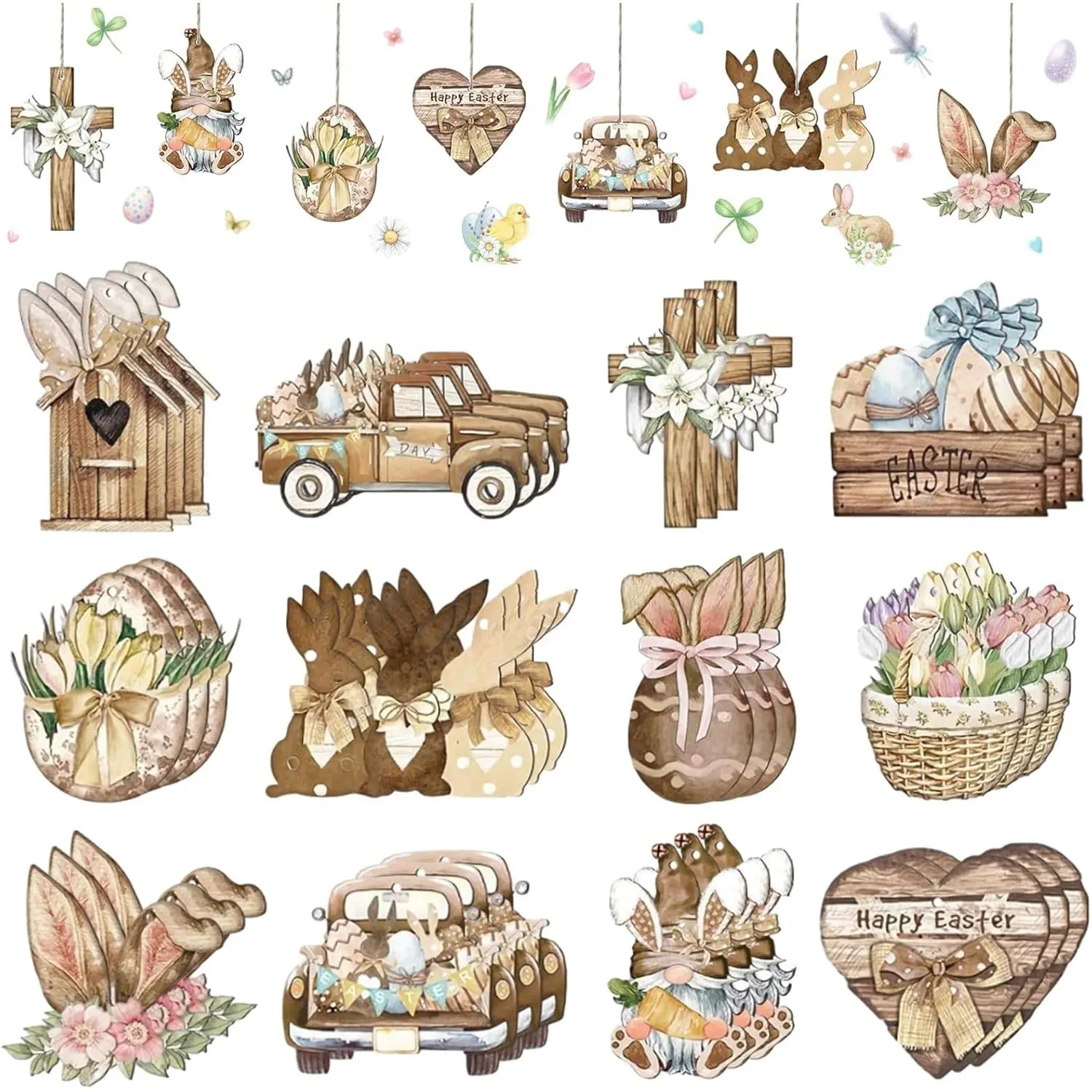 Easter Wooden Ornaments for Tree - 36 count Spring Easter Decorations   Eggs Bunny   Cutouts for Small Tree  Party