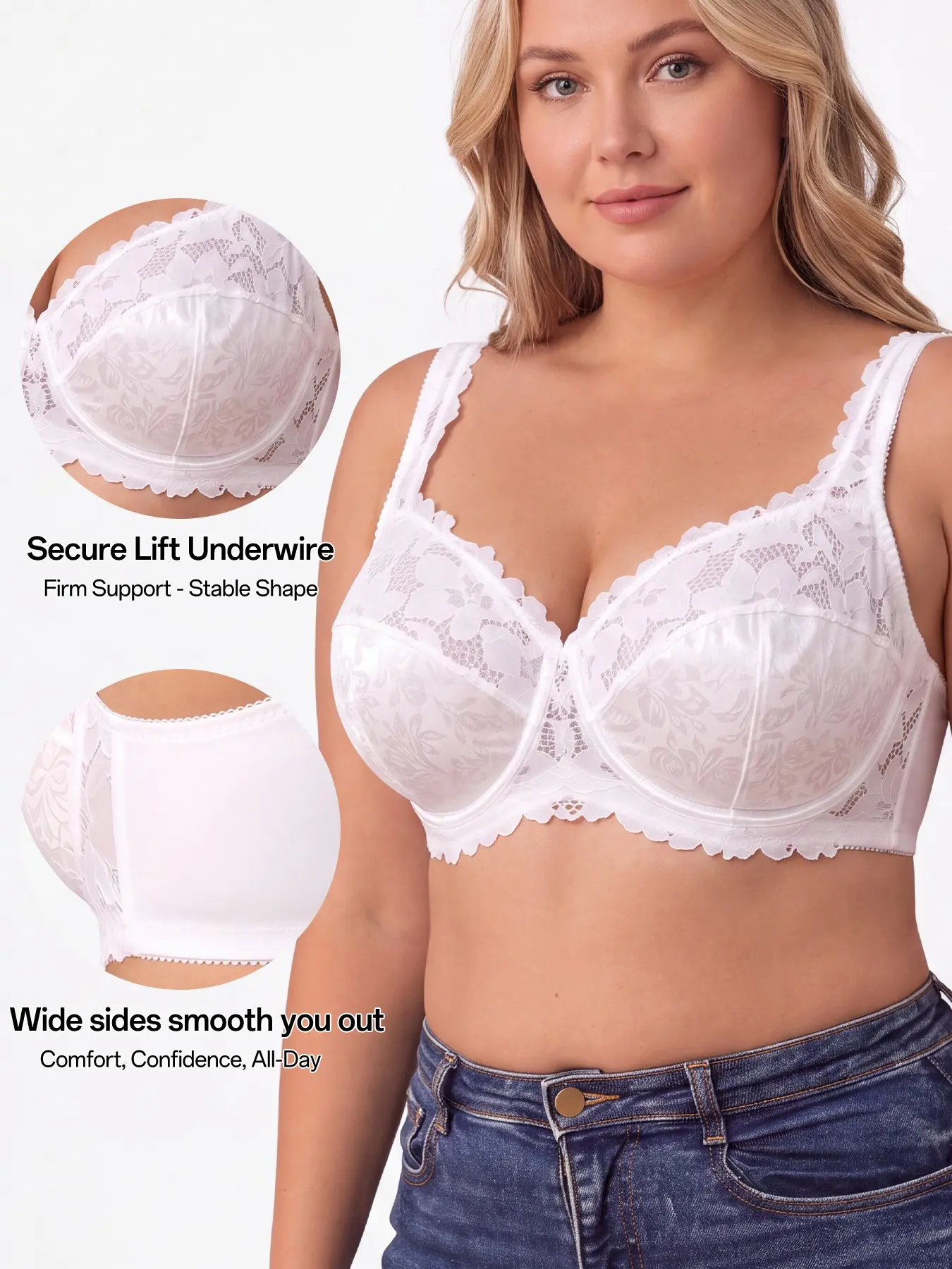 Plus Size Leaf Lace Breathable Underwire Bra, Full Coverage Medium Support, Comfortable Daily Wear, Elegant Fitted Underwear, Everyday