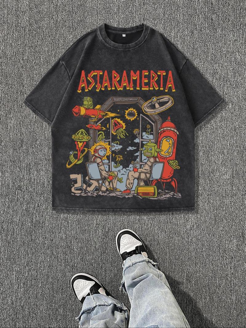 Men's Cartoon Astronaut & Letter Print Short Sleeve T-Shirt, Regular Fit Casual Retro Round Neck Tee for Summer, Men's Top for Daily Wear, Cotton