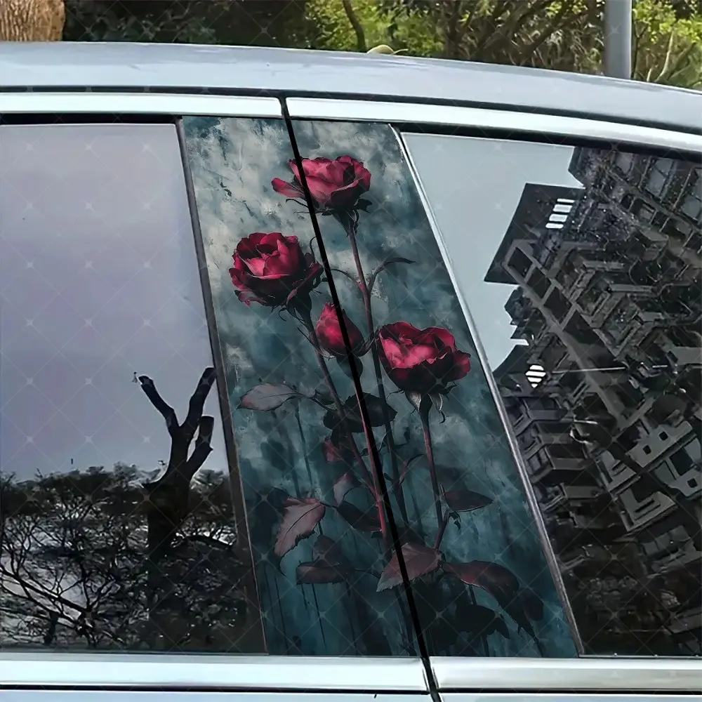 2pc Rose Abstract Vinyl Stickers, Car B Pillar Protection, Easy Peel Off, Sunproof Waterproof Scratch Resistant, All Models, Car Exterior Decor, Universal Car Sticker, Car Decorative Sticker