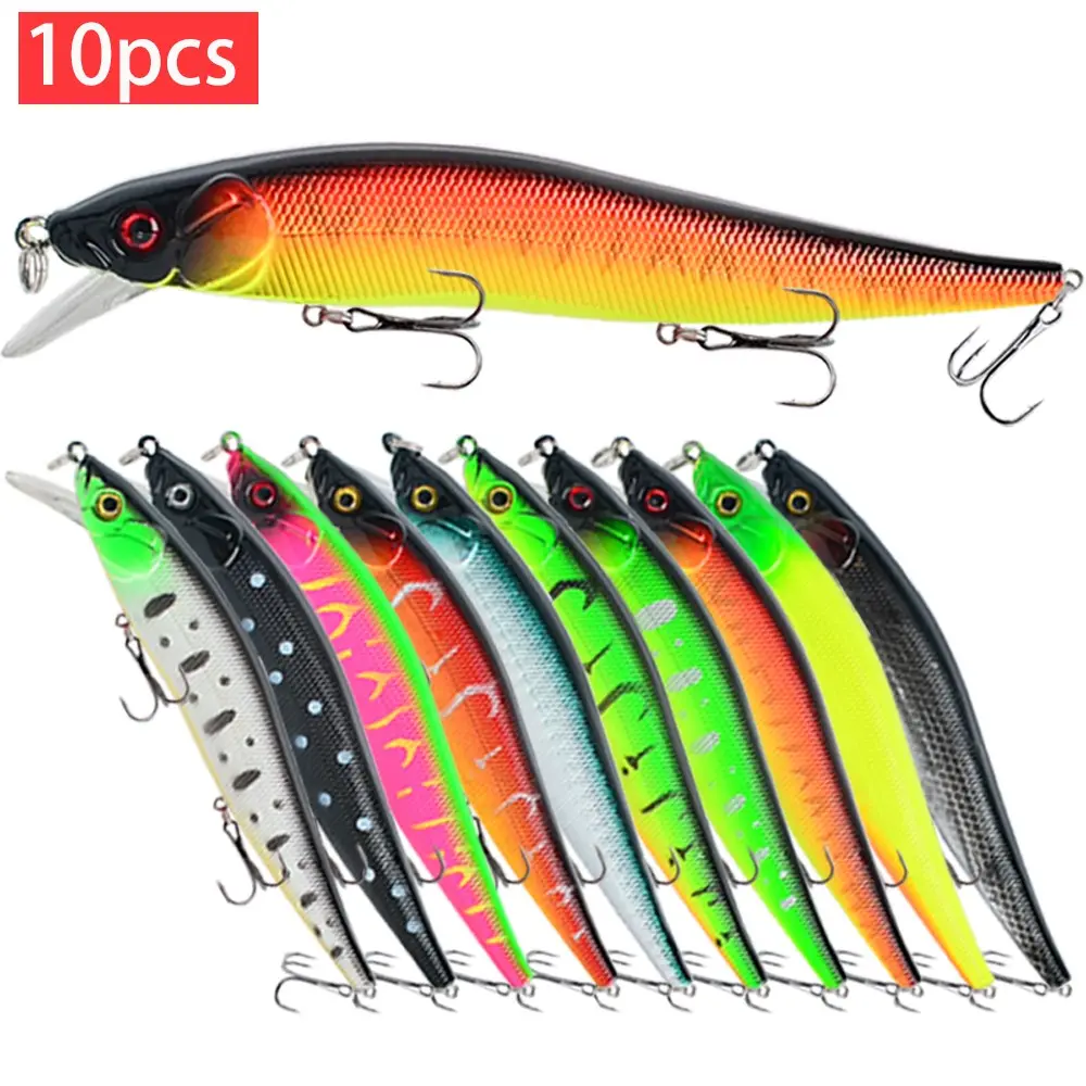 10pcs Minnow Fishing Lures with Hooks, Durable ABS with 3D Eyes, 4.72inch/0.48oz for Sea & Carp Fishing, Artificial Lures