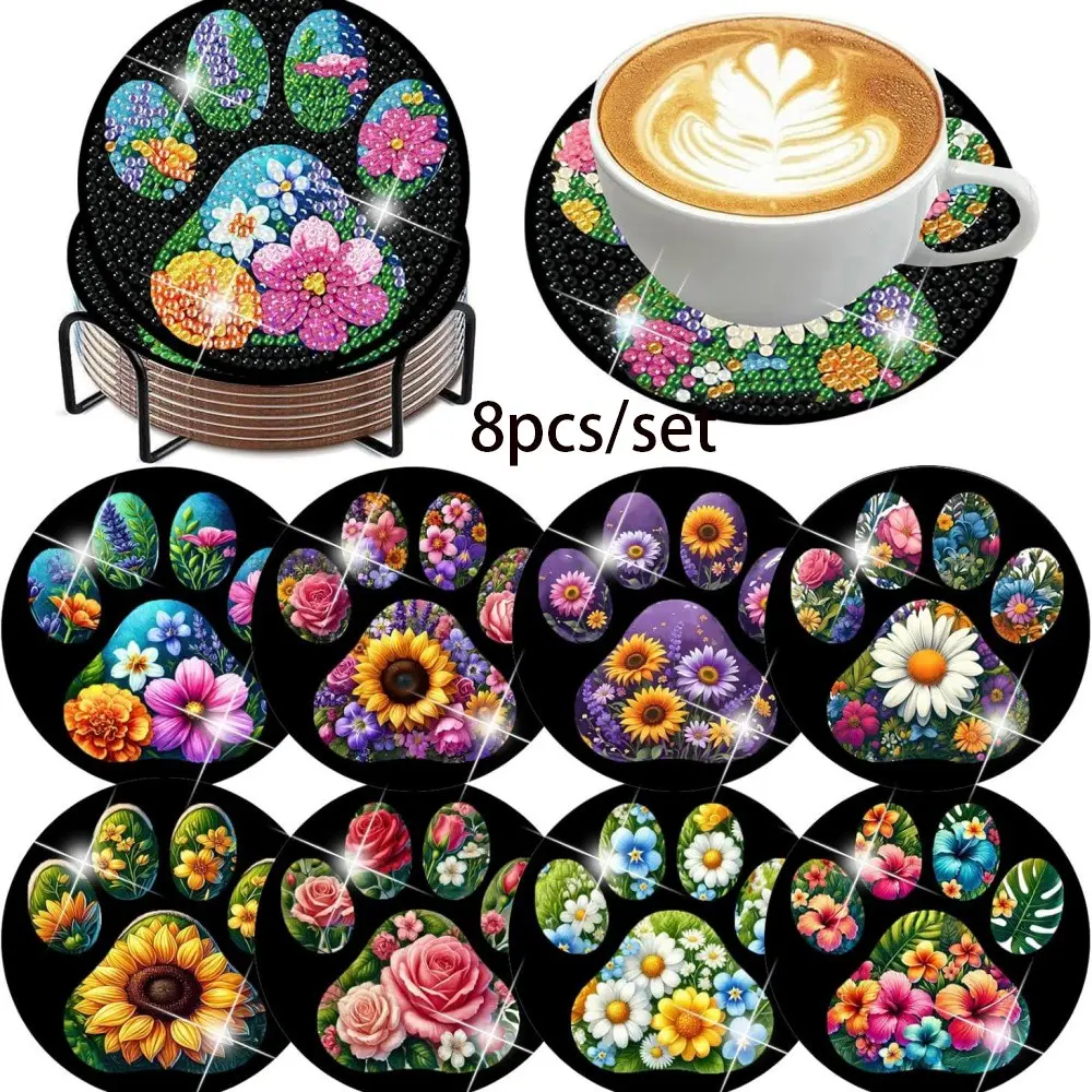 8 pieces/set of diamond painted coasters set with beautiful patterns (with holder) - DIY diamond art craft kit for home decoration beginners, diamond craft supplies, artificial diamond art craft supplies gifts, Diamond Painting Coasters