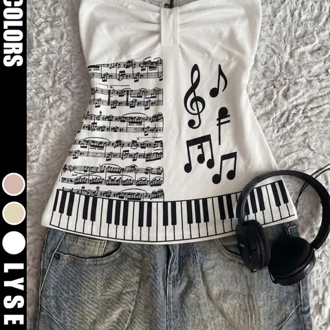 Summer Unique Design Tube Strapless Top, Note Print Bowknot Style, Outerwear Innerwear Sleeveless Vest, Fashionable and Versatile, Bandeau Tube Tops