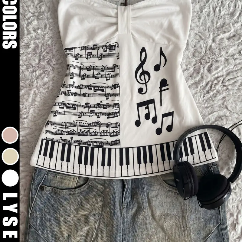Summer Unique Design Tube Strapless Top, Note Print Bowknot Style, Outerwear Innerwear Sleeveless Vest, Fashionable and Versatile, Bandeau Tube Tops
