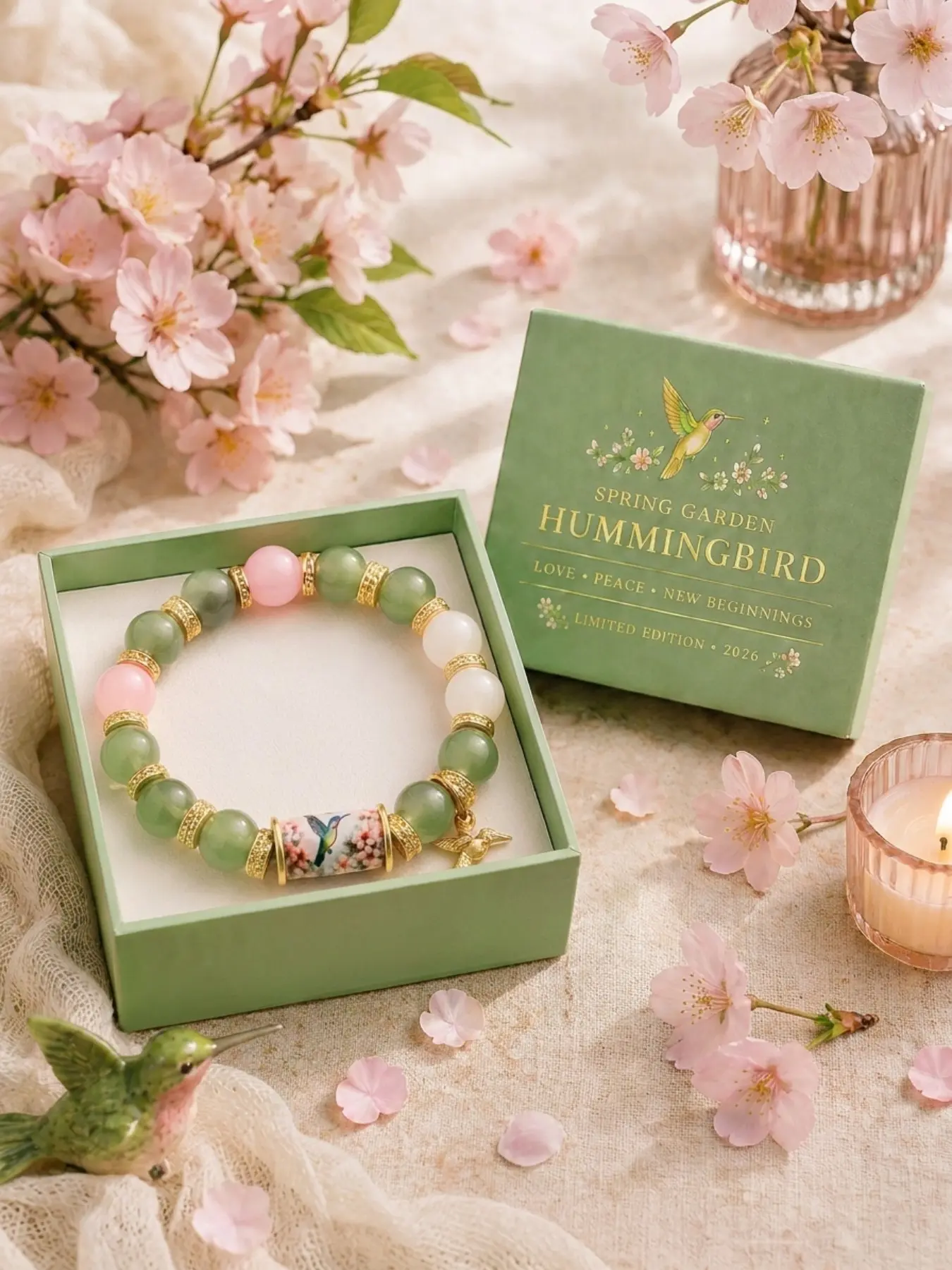 2026 Limited Edition Hummingbird Pattern Beaded Bracelet with Gift Box, Rose Quartz and Green Aventurine Beads with Floral Accent, Ideal Birthday Gift for Friends