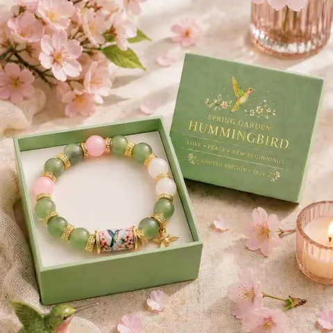 Limited Edition Hummingbird Floral Stone Bracelet, Mixed Rose Quartz & Green Aventurine Beads With 3D Hummingbird Charm, Gift Box Packed Sentimental Jewelry For Birthday Bestie Healing Present
