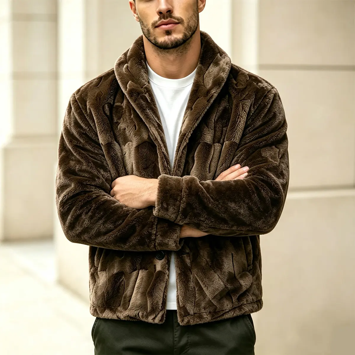 Men's Medium-Length Retro Embossed Plush Green Fruit Collar Coat - Plain, Foldable, Thick Soft Button Cardigan Jacket, High-Texture Trendy Top for Autumn Winter Street Wear, Machine Washable