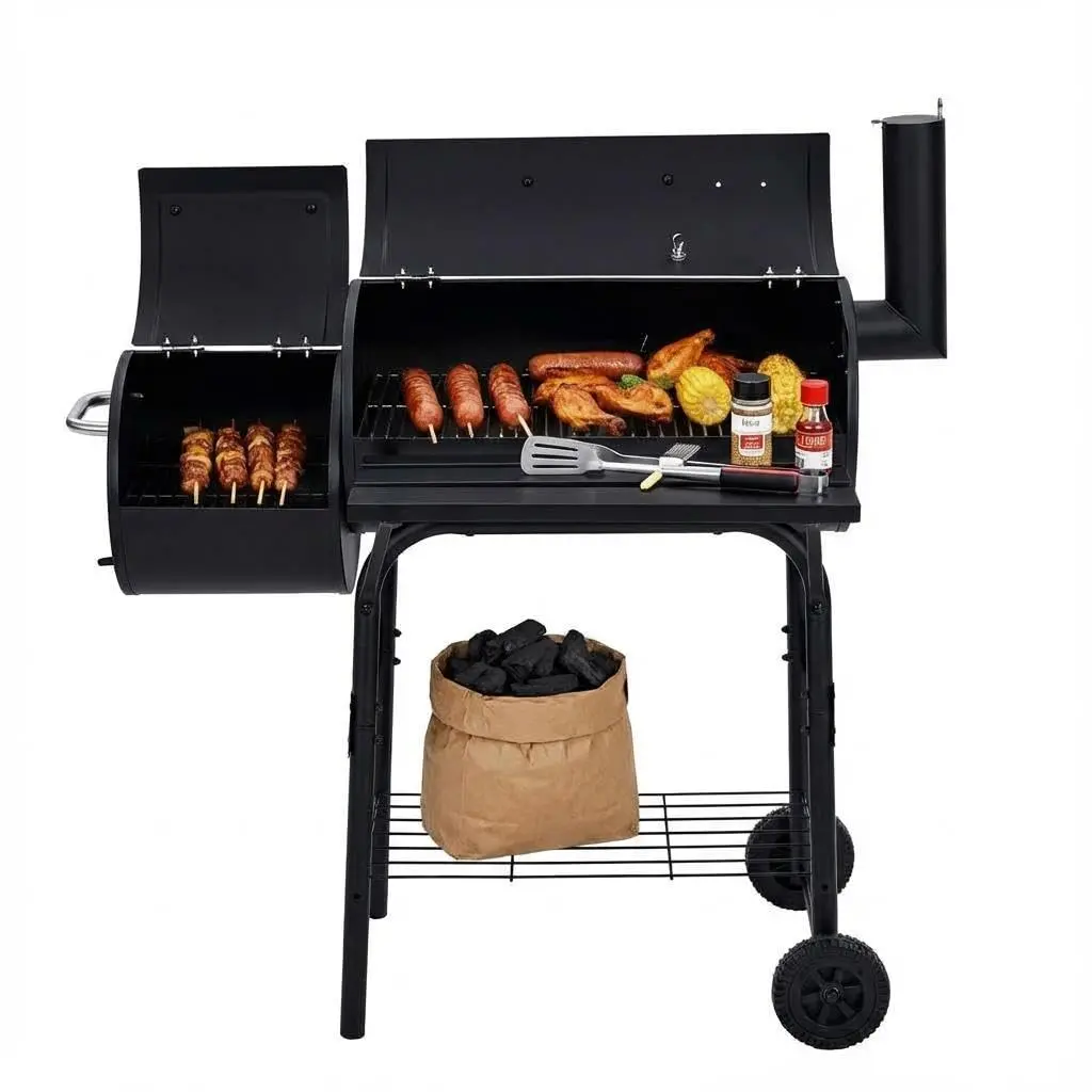 Garvee BBQ Charcoal Grill with Offset Smoker, Outdoor Barrel Grill and Smoker Combo, Portable with Wheels and Handle, Ideal for Garden, Backyard Parties, Camping, and Picnics, Black