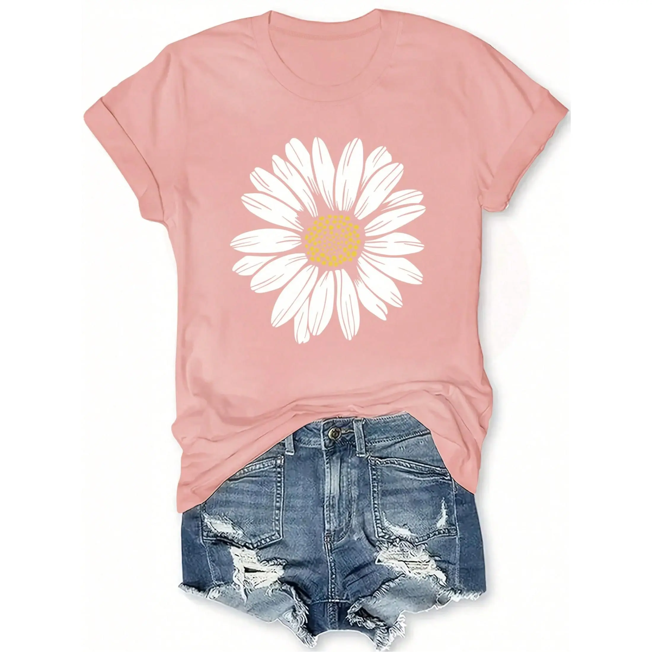 Women's Daisy Floral Print Fitted Short-Sleeve Crew Neck Cotton Fabric T-Shirt - 2026 New Summer Retro Casual Piece, Holiday/Mother's Day Gift, Colorful Loose Comfortable Top, Shortsleeve, Tshirt, Women's T Shirts, Streetwear, Round Neck