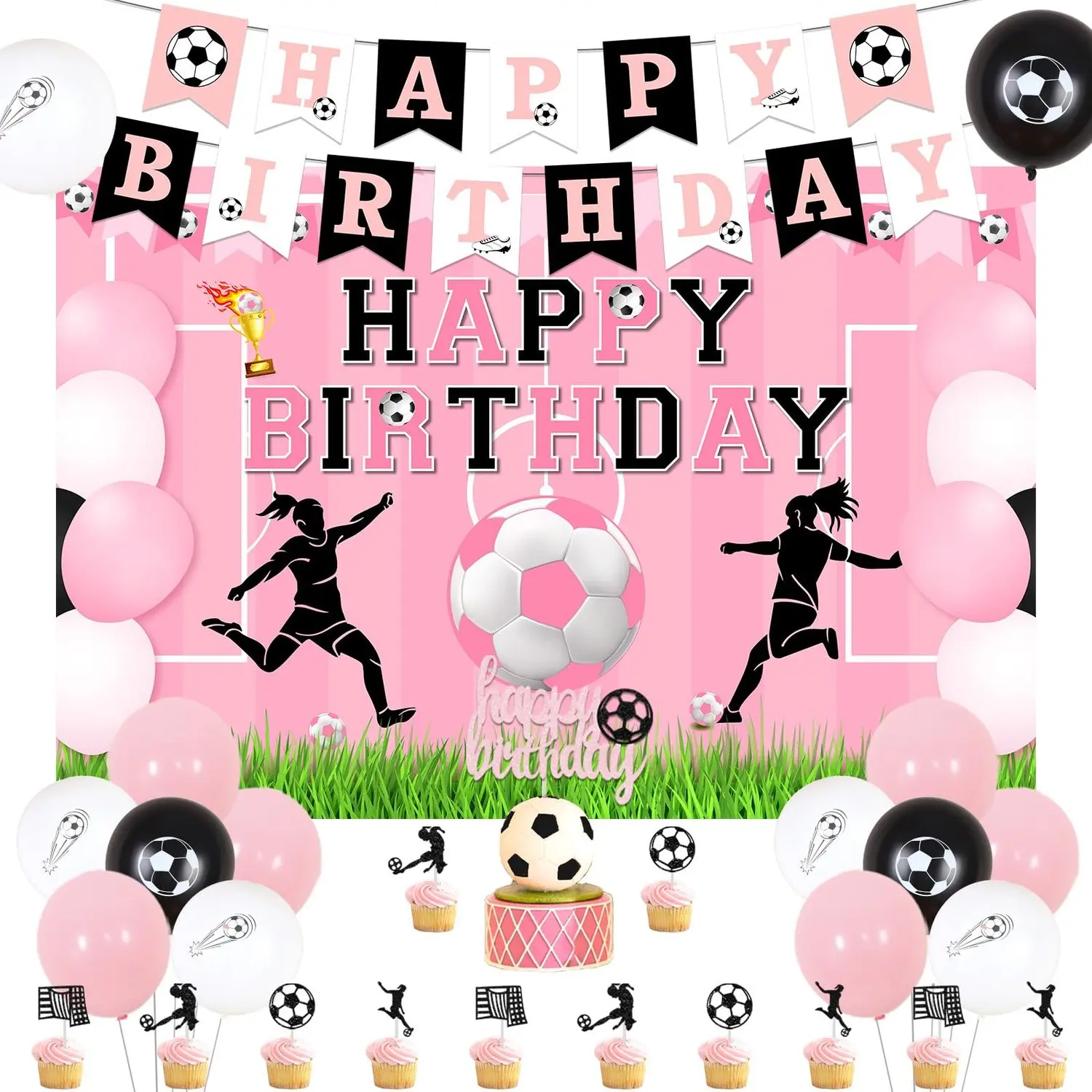 1Set Soccer Happy Birthday Decorations for Girls Black and Pink Balloons Pink Soccer Happy Birthday Backdrop Banner Soccer Cake Cupcake Toppers Foil Balloons for Girl Sports Theme Party