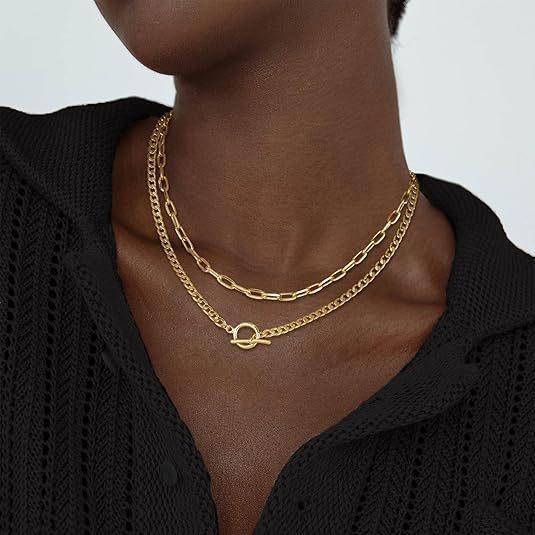 Women's double-layer 14K gold-plated/silver-plated necklace, fashionable Cuban chain with paperclip clasp, suitable for women's daily wear
