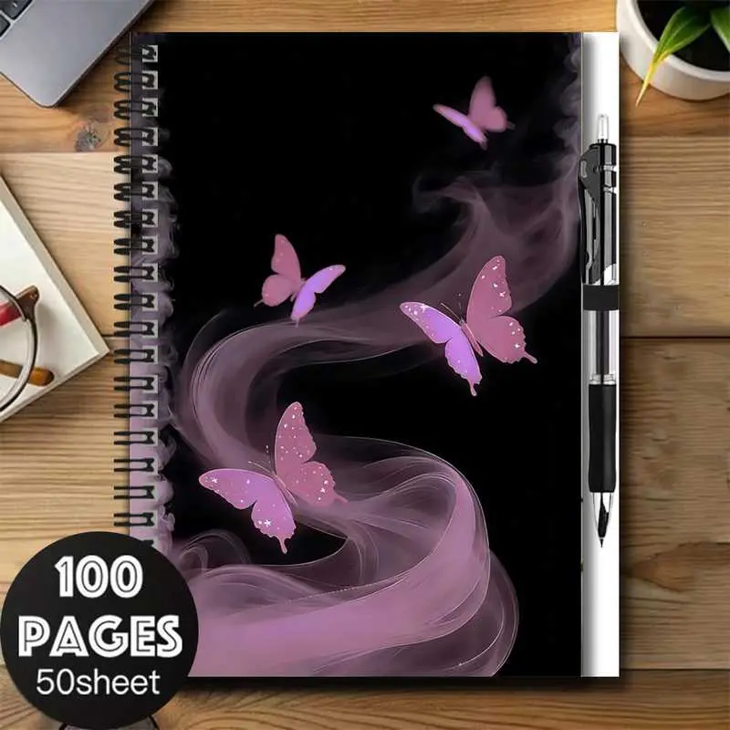 A set of a dreamy purple butterfly 2D cover spiral notebook and pen set, a great aid for work and study, suitable as a graduation gift, birthday present, for journaling, daily planning, or as a notepad. With 100 pages of ample paper, it is a practical and