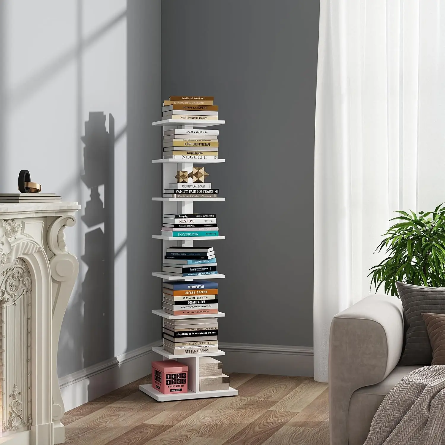 Narrow Bookshelf, 8-Tier Bookcase, Spine Book Shelf for Small Space, Corner Standing Shelf for Living Room, Office, Study, Entryway, White BS06BW008