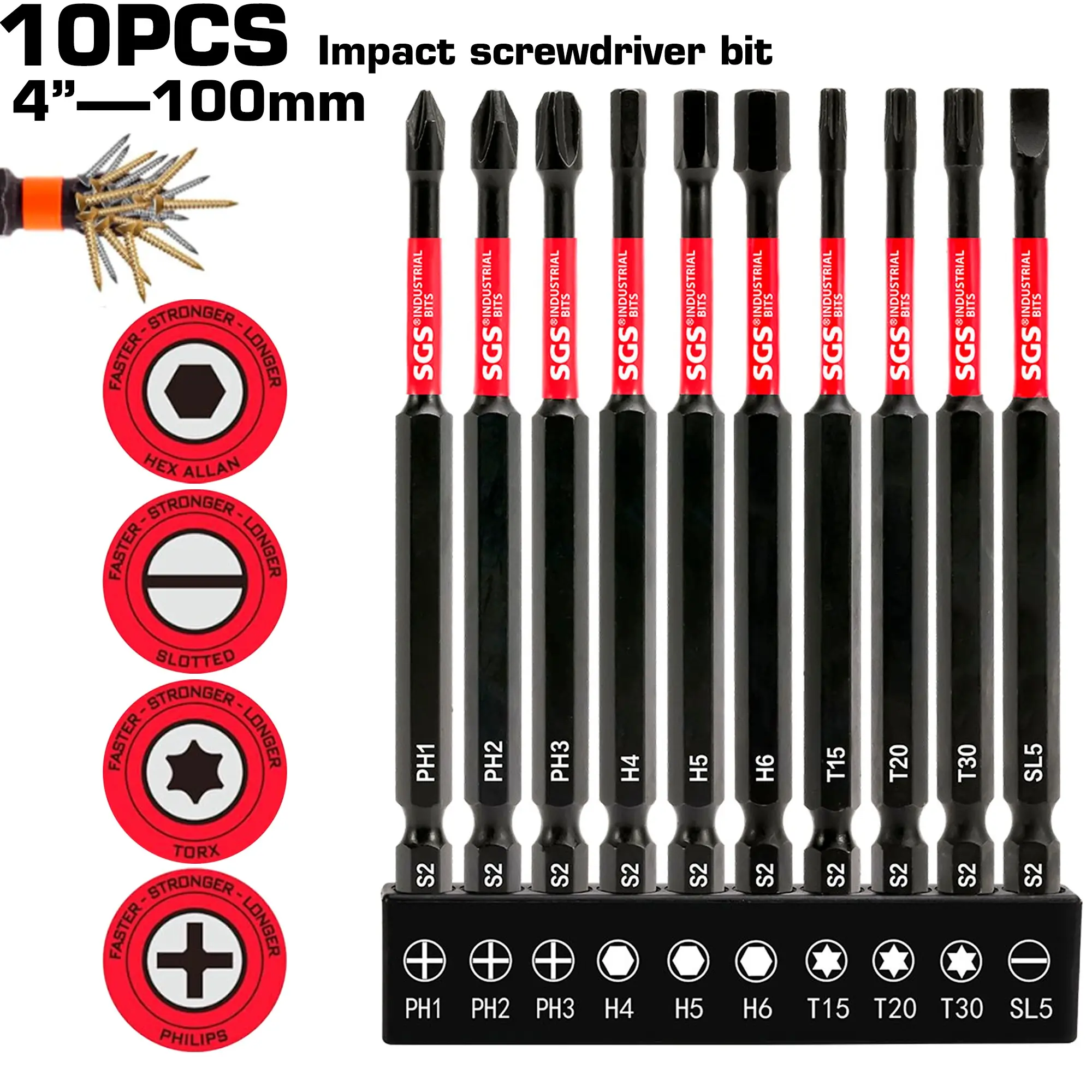 10PCS Industrial S2 Steel Portable Screwdriver Bit Set, 100mm mixed hex, cross, torx and flat bits, wear-resistant, stain-proof and magnetic, ideal for home appliances and construction work