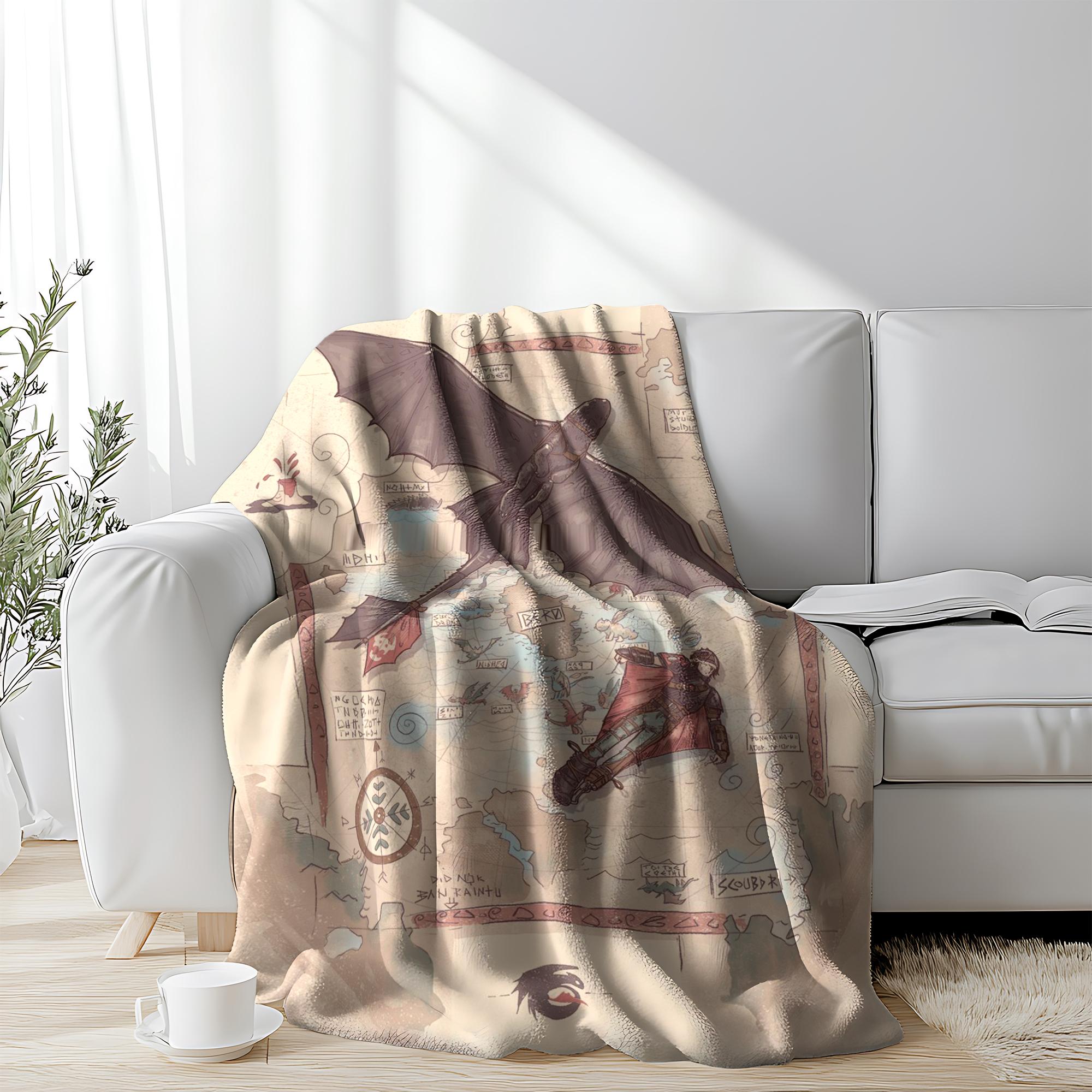 Vintage How to Train Your Dragon Print Fleece Blanket – Cute Hiccup & Toothless Pattern Soft Plush Throw, Perfect for Kids Adults, Ideal Bedroom Dorm Decor Gift for HTTYD Fans