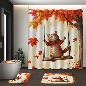 LVRLVR 1pc Cute Fall Autumn Ginger Cat Shower Curtain, Warm Cream Background Orange Red Maple Leaf Tree Swing Kitten Plaid Scarf Cartoon Art Print, Sheer Top Light Window, Detachable Liner & Hook-Free Integrated C-Ring, 70.8" x 74"