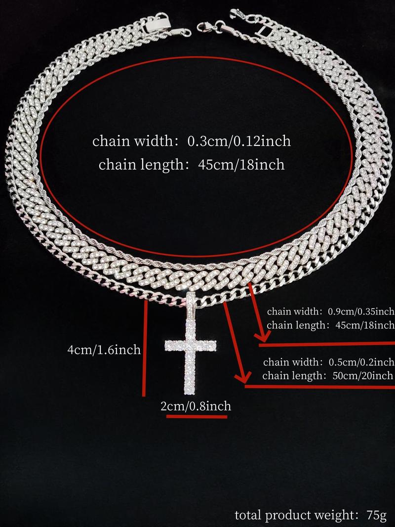 Street Style Artificial Zircon Inlaid Iced Out Cross Pendant & Cuban Chain Necklace, Fashion Jewelry for Party, Daily Clothing Decor, Trendy All-match & Exquisite Jewelry for Birthday Gift