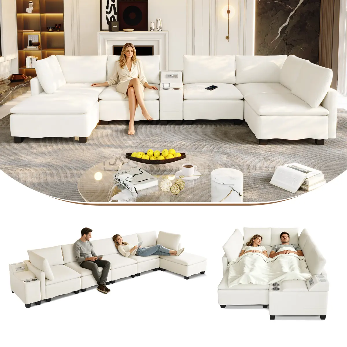 Aobtkel 121.2" Solid Multiple-Seat Modular U-Shaped Cloud Chenille Sectional Sofa with Movable Ottoman, Convertible Sofa Bed, Hidden Storage, USB Ports, Cup Holders & Bluetooth Speaker for Living Room, Beige/White