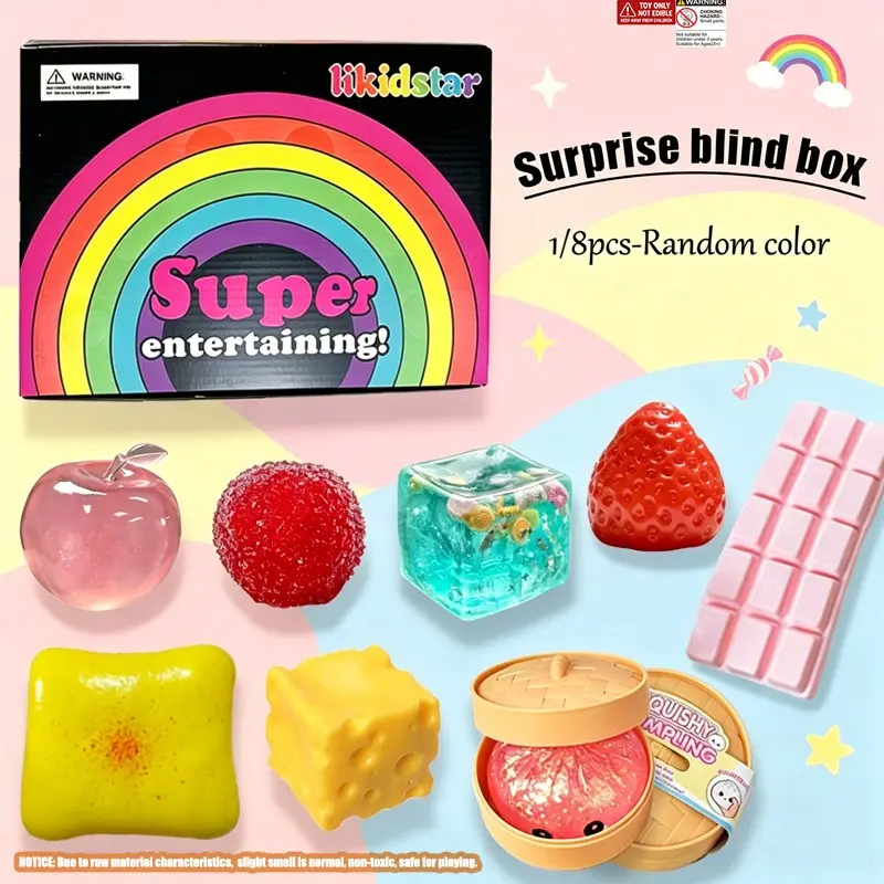 1/8pcs/set - Healing series stress relieving fun blind box toy set, which includes other squeezing toys such as apples, cheese, waxberries, strawberries, island shell cubes, toast, buns, etc., creative slow rebound toys, children's party gifts, various s